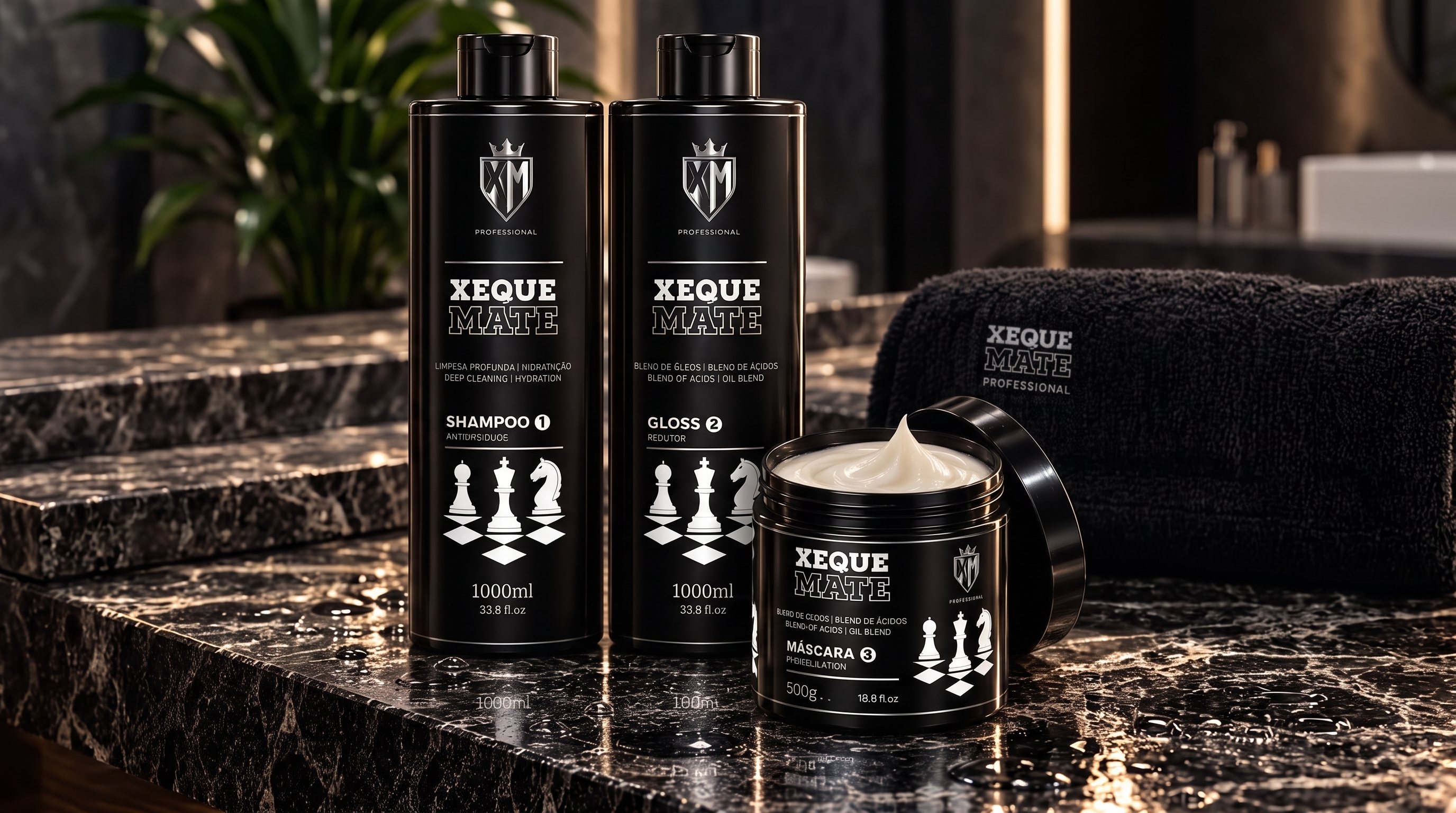 Kit XEQUE MATE Professional — Shampoo, Gloss e Máscara com peças de xadrez